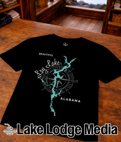 Black t-shirt with "Beautiful Lay Lake" and compass design, "ALABAMA" text.