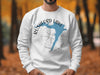 White sweatshirt with Rushford Lake map, compass, and New York text.