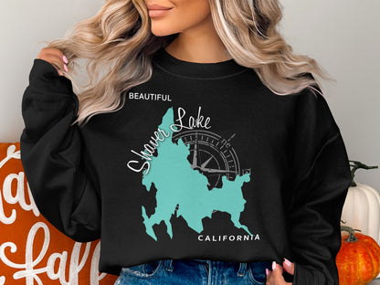 Shaver Lake California map graphic on black crewneck sweatshirt.