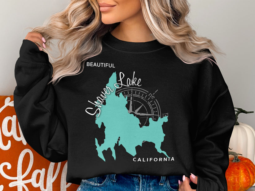 Shaver Lake California map graphic on black crewneck sweatshirt.