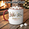 Maligne Lake Canada mug with lake-themed icons and marshmallows in hot chocolate.