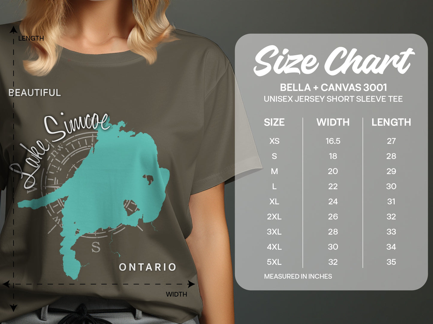 T-shirt size chart for Bella + Canvas 3001 short sleeve tee.