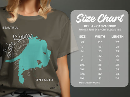 T-shirt size chart for Bella + Canvas 3001 short sleeve tee.