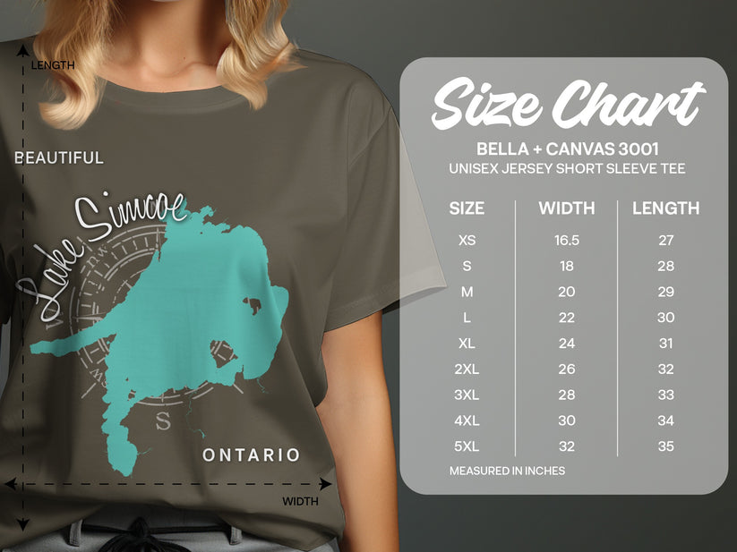 T-shirt size chart for Bella + Canvas 3001 short sleeve tee.