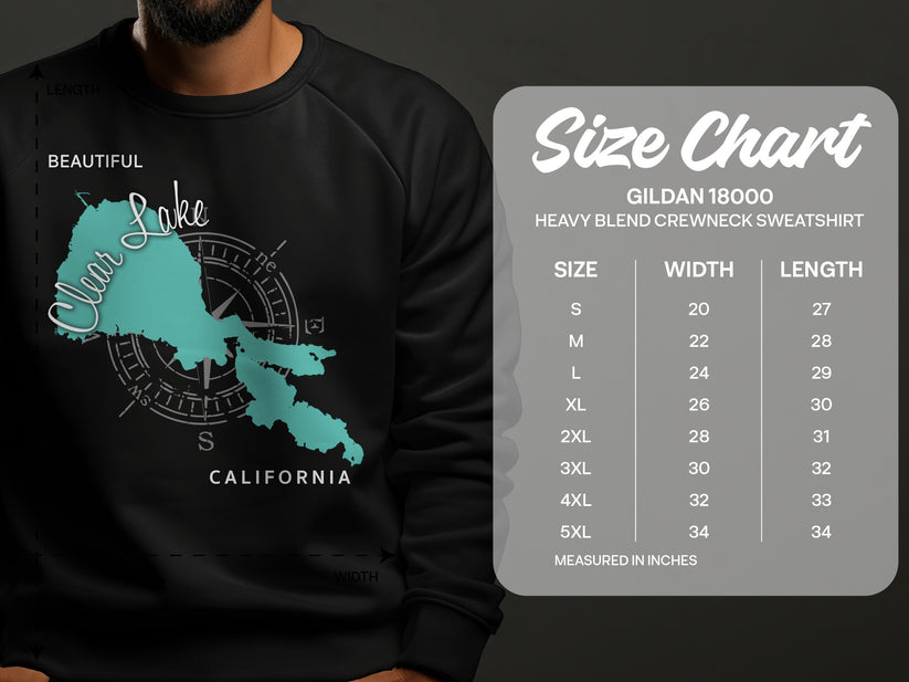 Clear Lake map and size chart for Gildan 18000 sweatshirt.