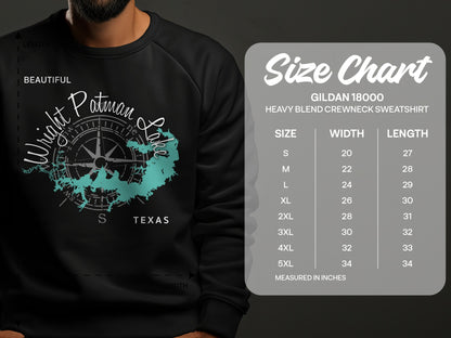 Sweatshirt with Wright Patman Lake, Texas map graphic and size chart.