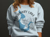 Light blue sweatshirt with "Broadway Lake, South Carolina" text and lake map graphic.