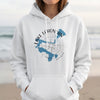 White hoodie with Lake Lahontan Nevada map and compass graphic.