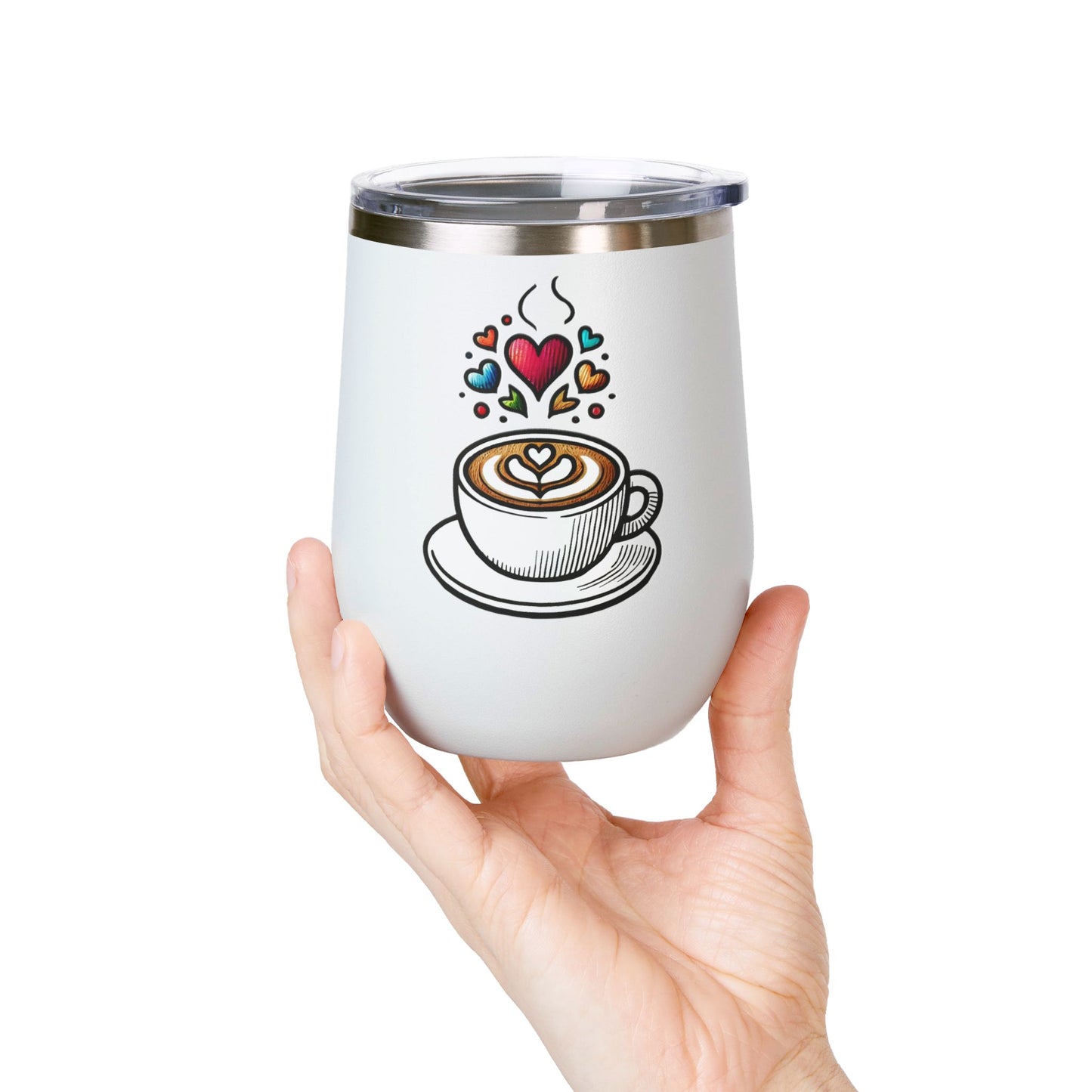 Charming Coffee Wine Tumbler with Lid for Coloring Book Lovers, Heart and Latte Design, Stainless Steel