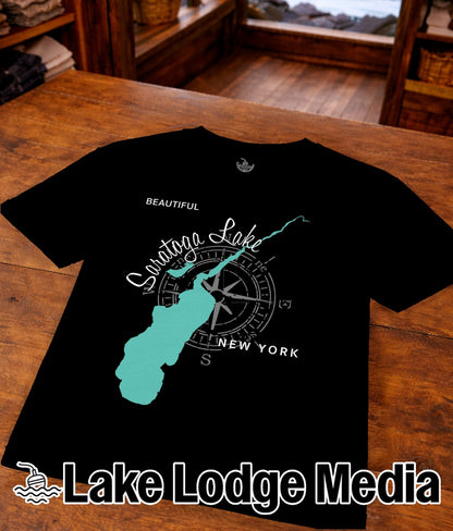 Black t-shirt with "Saratoga Lake" design and compass graphic.