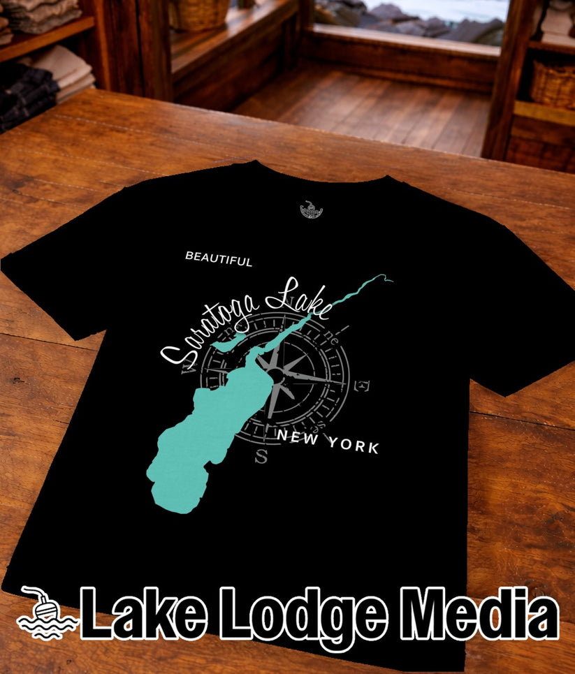 Black t-shirt with "Saratoga Lake" design and compass graphic.