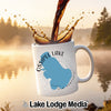 White mug with "Ossipee Lake New Hampshire" design, coffee pouring.