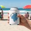 White can cooler with Lake Moultrie and South Carolina map graphic on a beach.