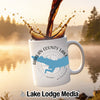 White mug with coffee splashing in, featuring Harlan County Lake map and Nebraska text.