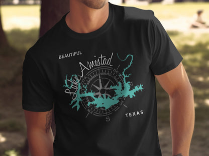 Black t-shirt with a compass rose map of Lake Amistad, Texas.