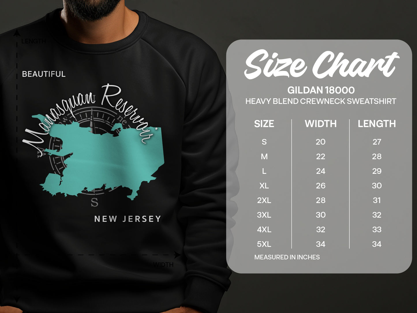 Gildan 18000 sweatshirt size chart with measurements for width and length.