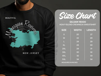 Gildan 18000 sweatshirt size chart with measurements for width and length.