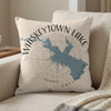 Pillow with Whiskeytown Lake, California map and compass graphic.