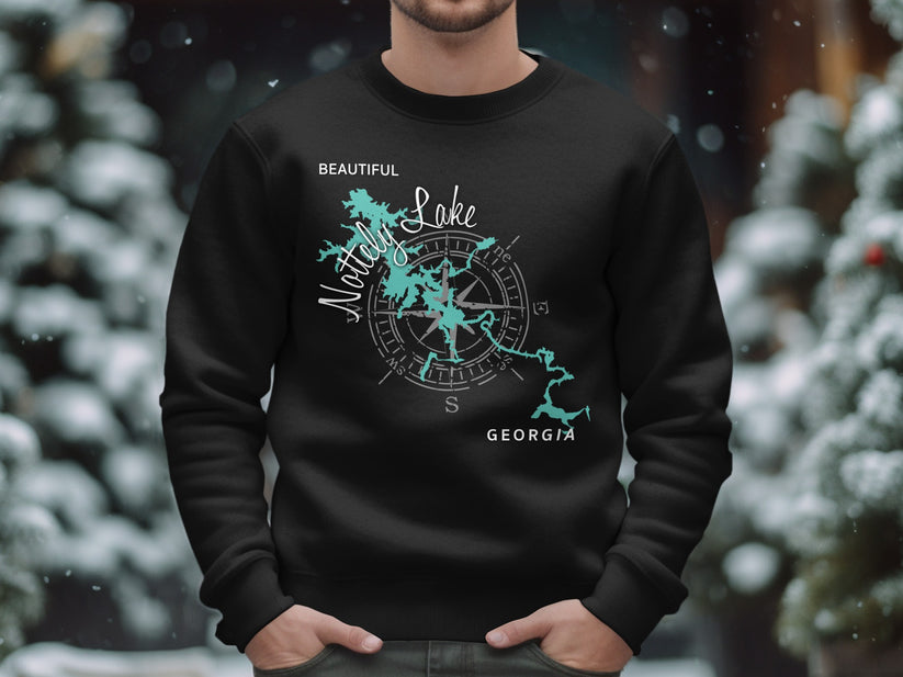 Black sweatshirt with a teal compass design and "Notley Lake Georgia" text.