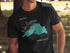 Black t-shirt with turquoise Lake Superior map and Minnesota text.
