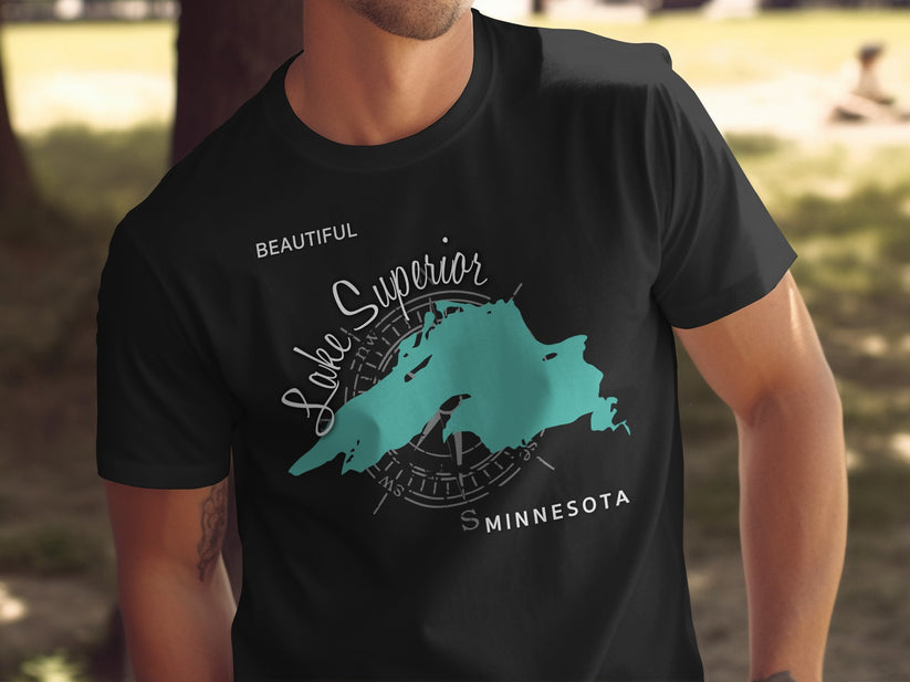 Black t-shirt with turquoise Lake Superior map and Minnesota text.