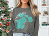 Gray sweatshirt with Floyd Lake Minnesota map graphic and compass detail.