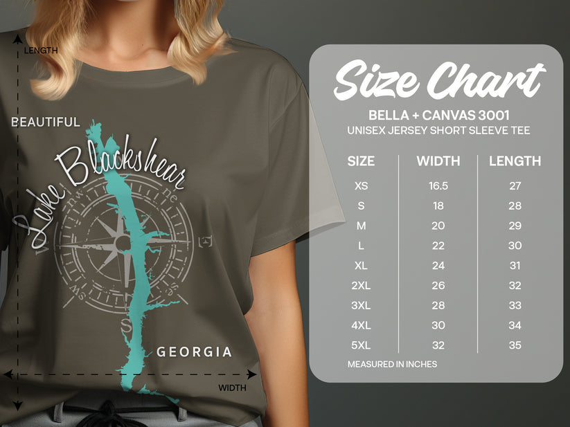 T-shirt with "Lake Blackshear Georgia" and compass graphic, with size chart.