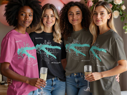 Four women in t-shirts with "Beautiful Fellows Lake Missouri" compass design.