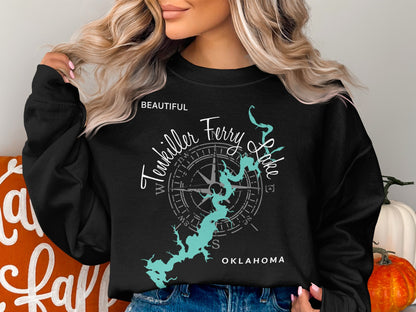 Black sweatshirt with "Tenkiller Ferry Lake Oklahoma" and compass rose graphic.