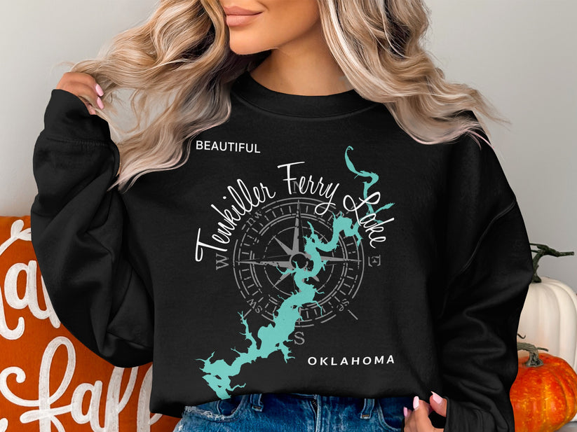 Black sweatshirt with "Tenkiller Ferry Lake Oklahoma" and compass rose graphic.