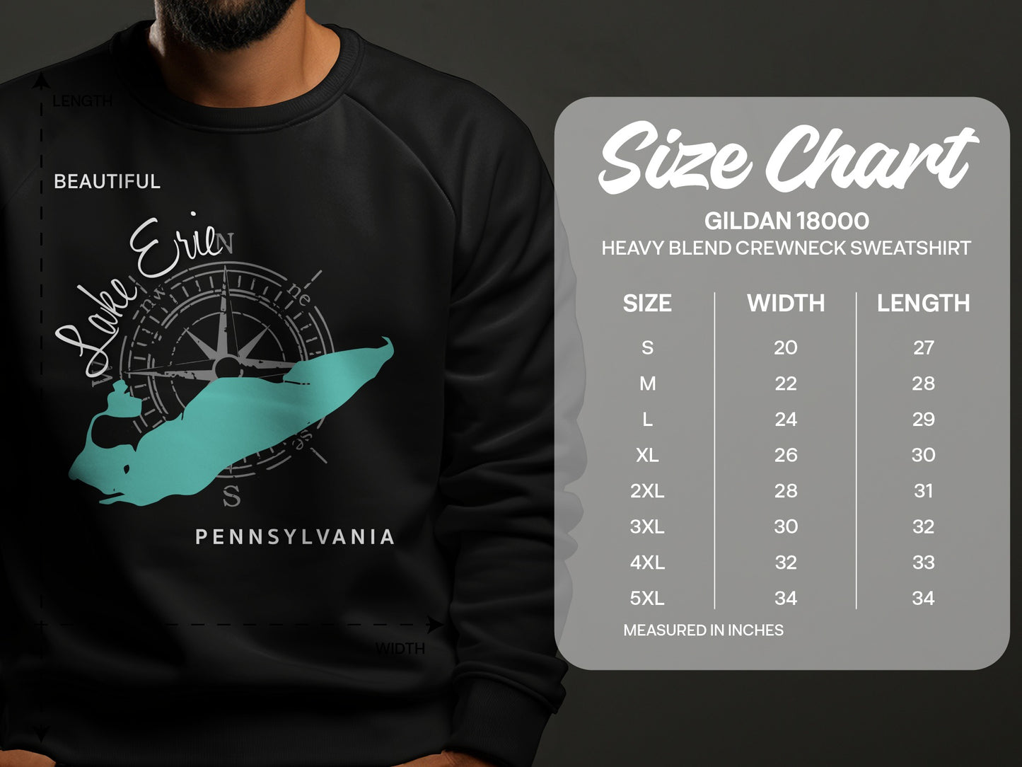 Gildan 18000 sweatshirt size chart with Lake Erie graphic.