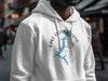 White hoodie with blue Lake Coeur d'Alene map graphic and compass.