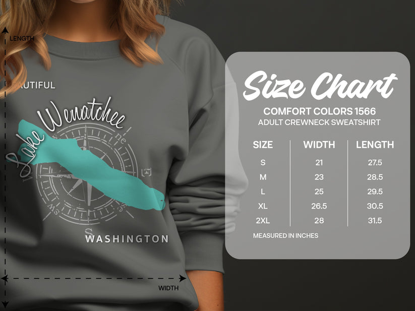 Lake Wenatchee sweatshirt size chart with measurements for adult crewneck.
