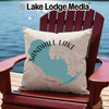 Sandhill Lake Wisconsin map pillow on a red Adirondack chair.