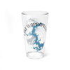 A clear glass pint tumbler features a blue map graphic and text reading Lake Wappapello Missouri.