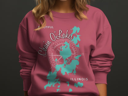 Crewneck sweatshirt with teal map of Chain O'Lakes, Illinois.