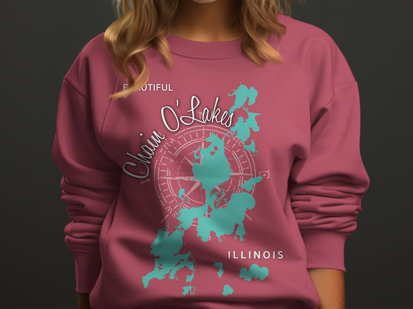 Crewneck sweatshirt with teal map of Chain O'Lakes, Illinois.