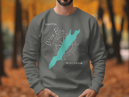 Gray crewneck sweatshirt with "Beautiful Green Bay Wisconsin" and a compass rose.