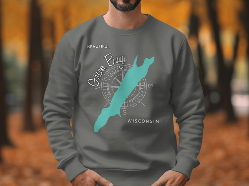 Gray crewneck sweatshirt with "Beautiful Green Bay Wisconsin" and a compass rose.