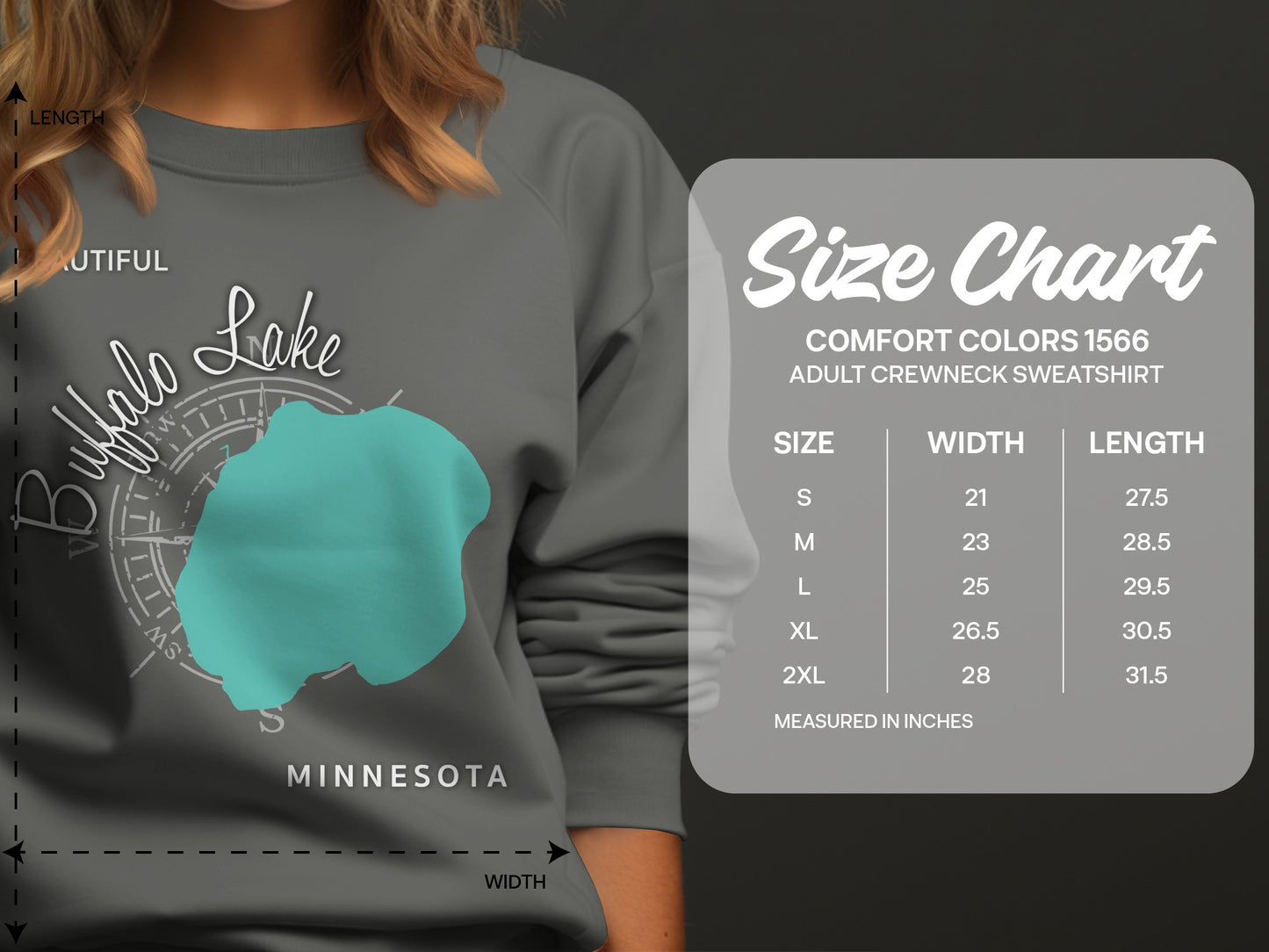 Buffalo Lake Minnesota graphic on sweatshirt, with size chart.