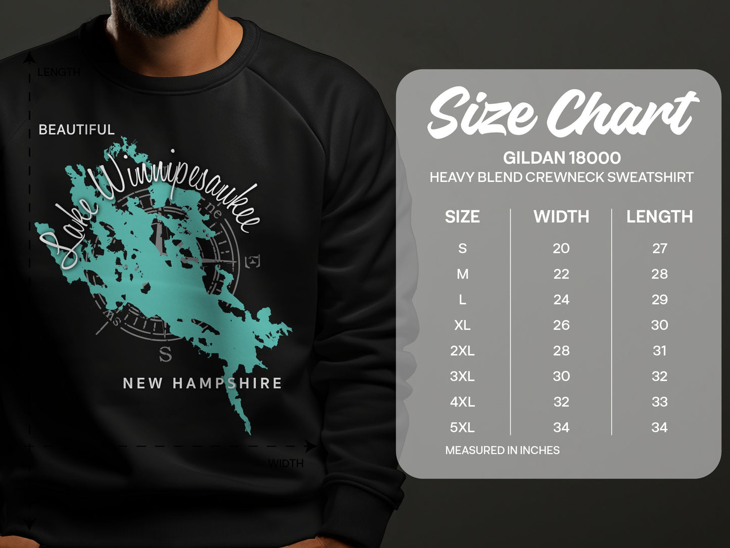 Size chart for Gildan 18000 sweatshirt showing dimensions in inches.