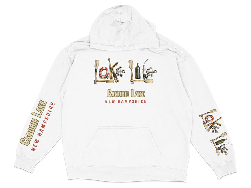 White hoodie with "CANOBIE LAKE NEW HAMPSHIRE" text and lake-themed graphics.