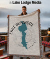 Tapestry blanket with Lake Dunmore, Vermont map and compass design.