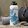 White water bottle with blue map design and compass, text "KUBUNAGUNG"