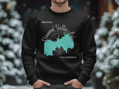 Black sweatshirt with "Diamond Valley Lake California" map design.
