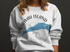 Kiawah Island South Carolina text and map graphics on a white sweatshirt.