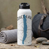 White thermos with "PARADISE LAKE" text, blue lake silhouette, and compass graphic.