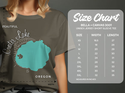 Crater Lake Oregon on a compass rose, with a unisex t-shirt size chart.
