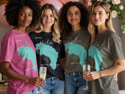 Four women in t-shirts with "Garibaldi Lake British Columbia" map design.