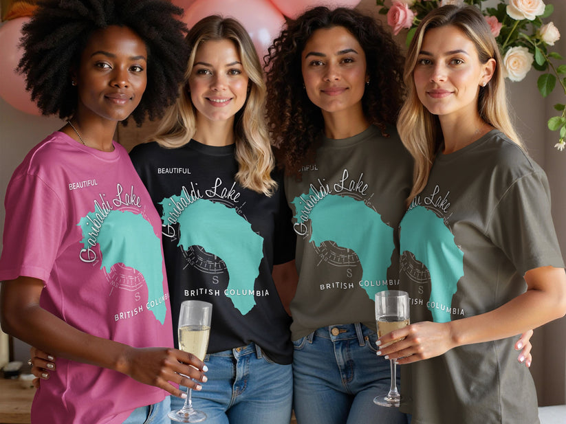 Four women in t-shirts with "Garibaldi Lake British Columbia" map design.